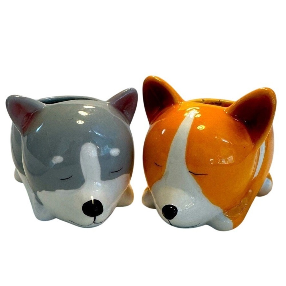 Unbranded Sleeping Dog Succulent Planters Set 2 Small Grey Orange Corgi Husky